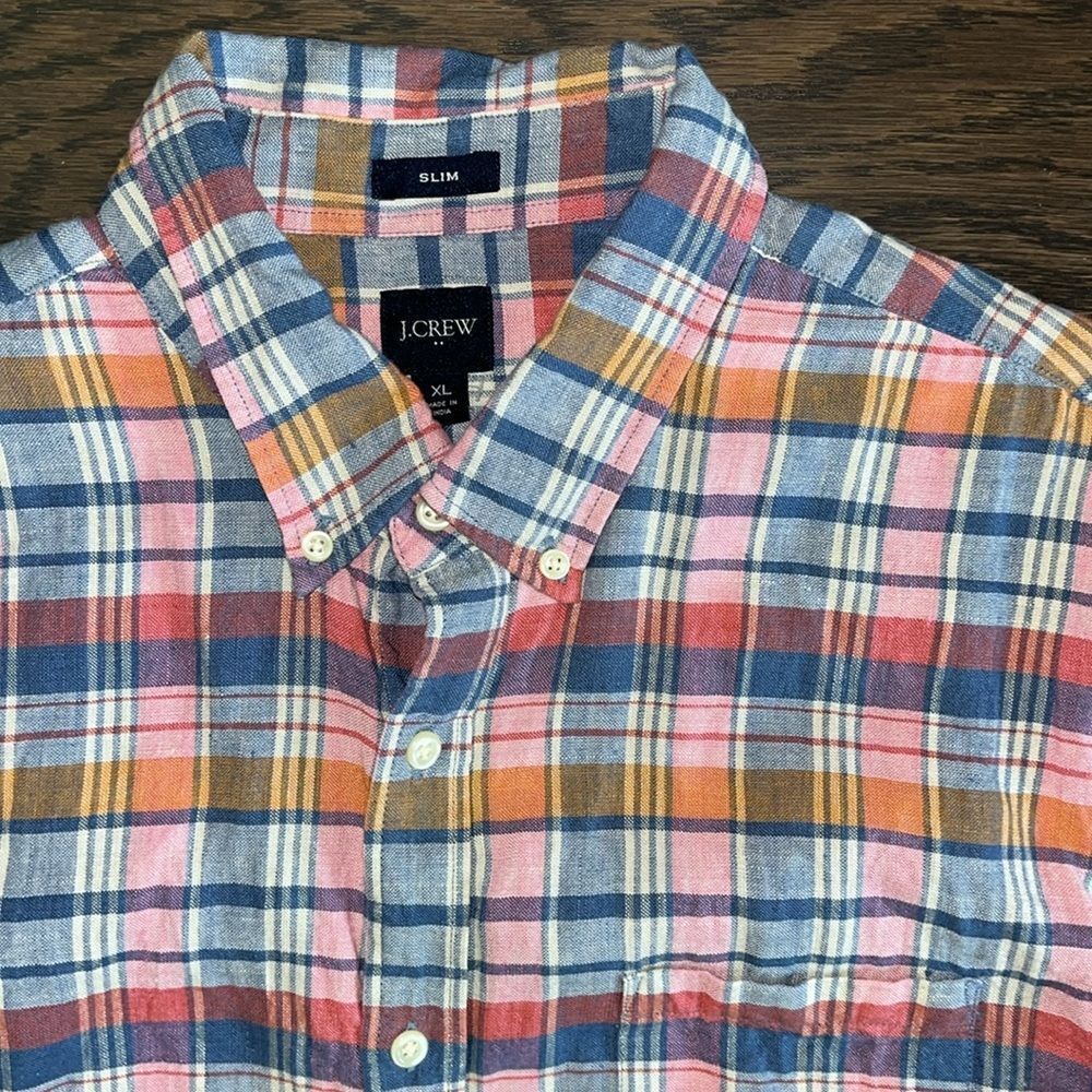 Pink & Blue Plaid Check Linen Blend J Crew SS shirt XL Slim mens summer casual